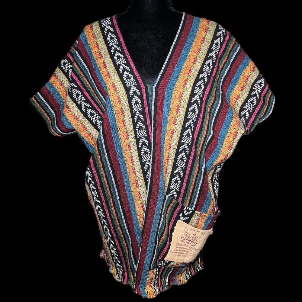 Elephant Jungle Sanctuary - Multi-Colored Cotton Poncho w/Pocket - Size XL